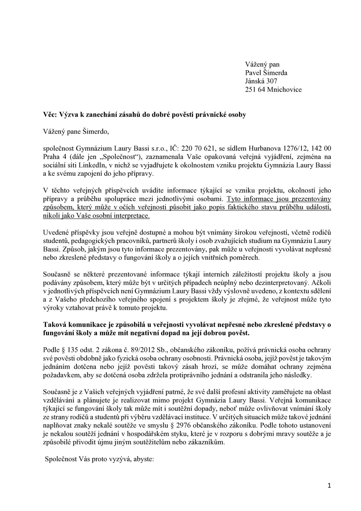 Výzva k zanechání zásahů do dobré pověsti právnické osoby, 5. dubna 2026, strana 1